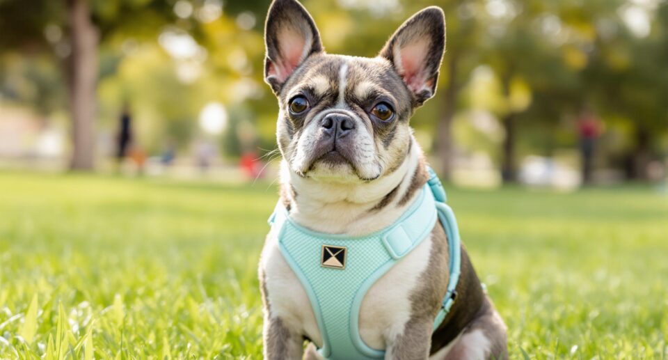 Small breed dog with mint green harness sitting on grass, highlighting collapsed trachea in dogs.
