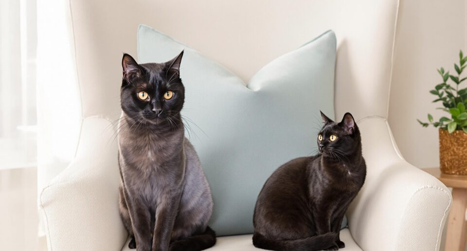 A sleek black cat with lustrous fur sits on an ivory armchair, illustrating common digestive problems in cats.