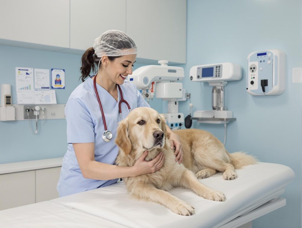 Compassionate female veterinarian examining a calm golden retriever in a clinical setting, highlighting common dog medications.
