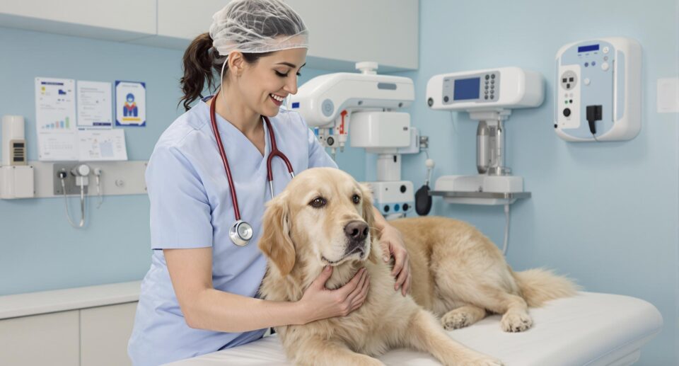 Compassionate female veterinarian examining a calm golden retriever in a clinical setting, highlighting common dog medications.