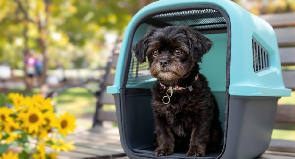 A small black dog sits in a modern blue pet carrier on a park bench, targeting compact dog carrier imagery.