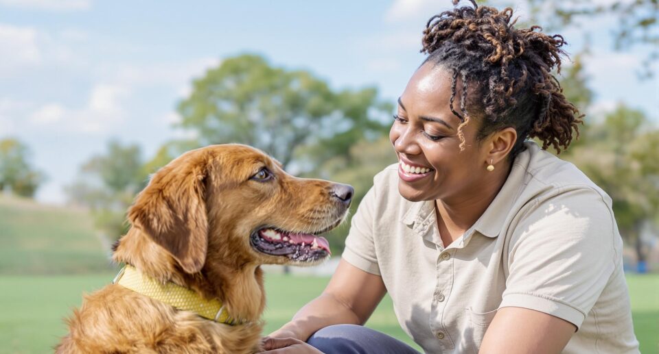 A woman smiling at her dog