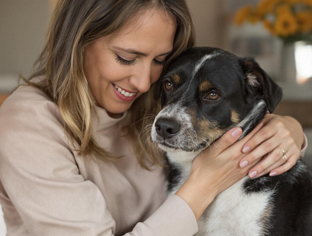 Compassionate dog owner comforts weary black and white mixed-breed dog in a warm, minimalist home setting.