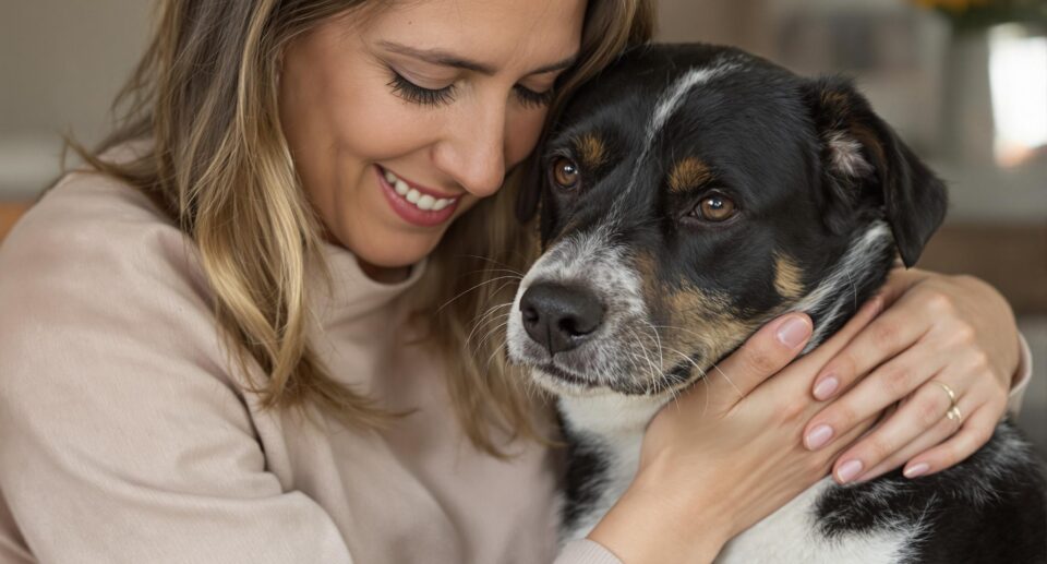 Compassionate dog owner comforts weary black and white mixed-breed dog in a warm, minimalist home setting.