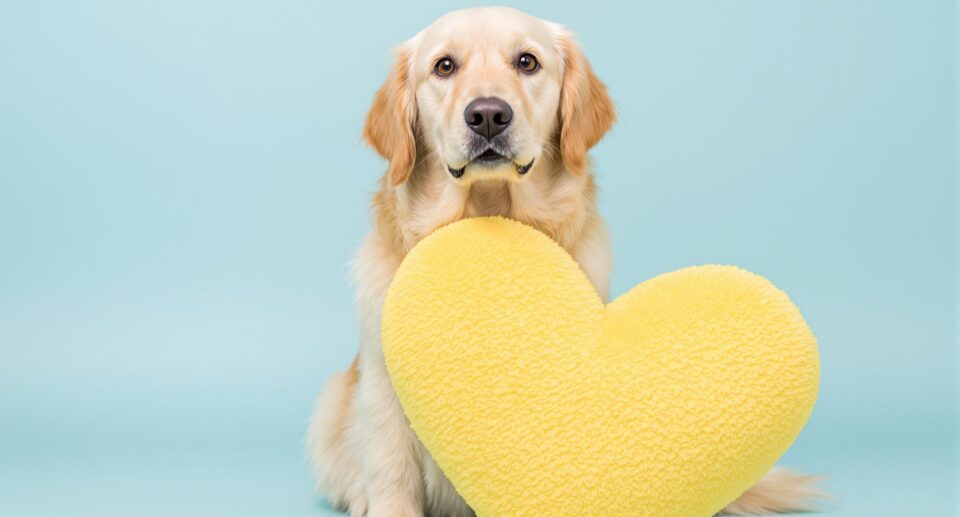 A medium-sized dog with cream and brown fur sits with a yellow heart-shaped plush toy, conveying pet health and emotional wellness.