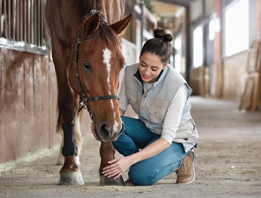 Compassionate horse owner in powder blue vest and teal pants inspects chestnut horse's hoof in warm, natural light.