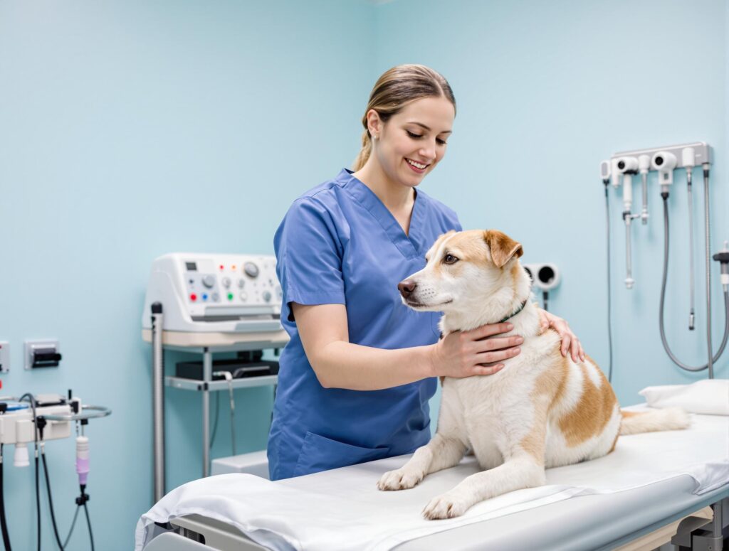 Compassionate veterinarian examining a white and brown mixed breed dog during a checkup, highlighting professional care and connection.