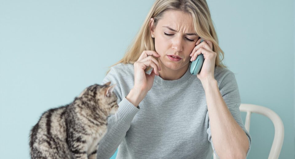 A concerned mid-30s pet owner holding a phone, with a grey tabby cat beside them, during a veterinary consultation in a minimalist home office.