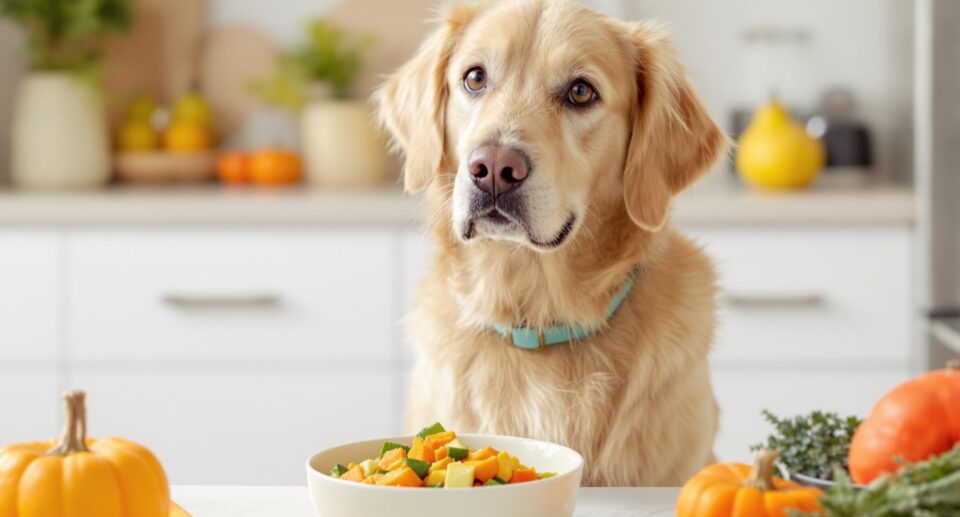 A golden retriever with a glossy coat sits beside a bowl of vegetables and pumpkin puree, highlighting dog constipation remedy and wellness.