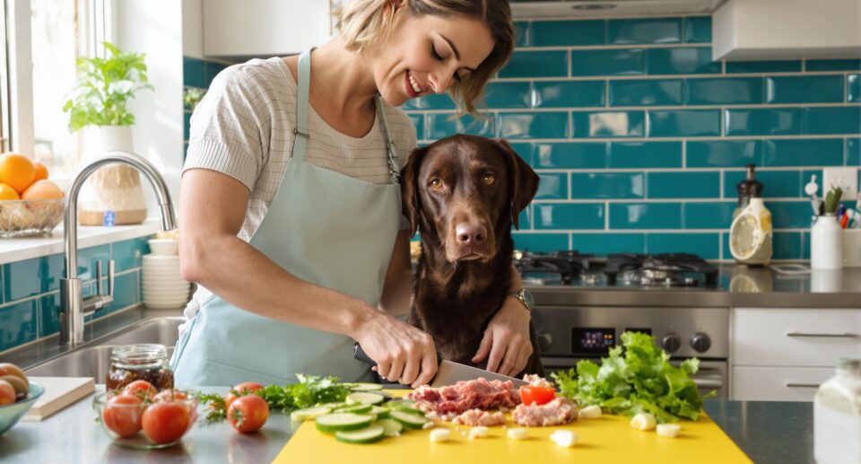 Home cook preparing fresh vegetables and meat for dogs as chocolate Labrador awaits eagerly in kitchen.