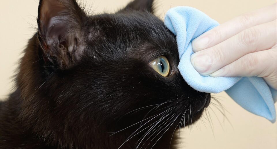 A veterinarian gently cleans a black cat's eye with a microfiber cloth, illustrating corneal ulcer treatment in cats.