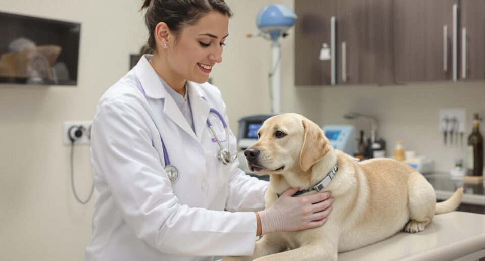 Friendly terrier mix dog being dewormed by a veterinarian in a modern clinic setting.