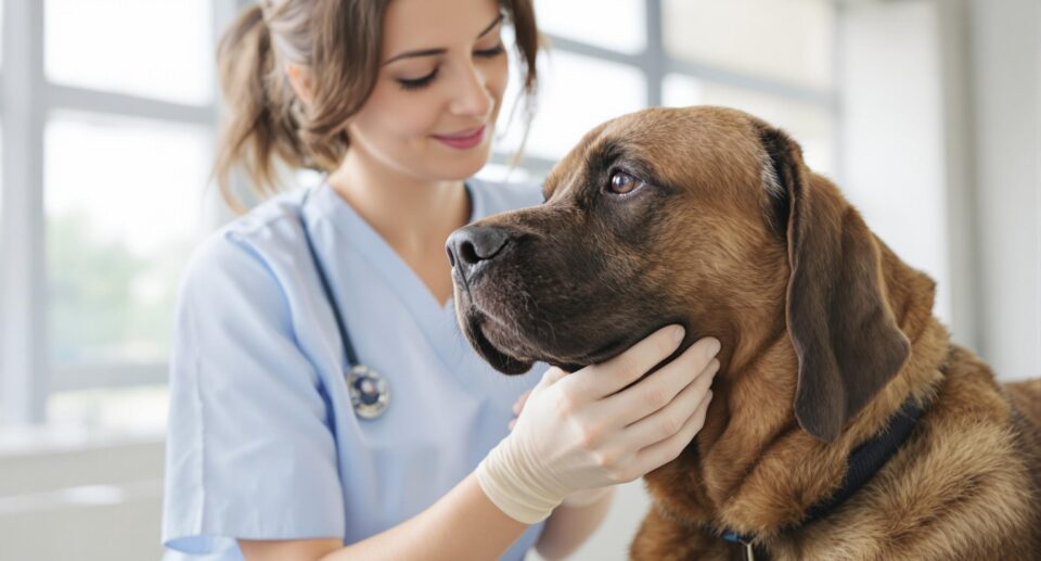Female veterinarian prepares insulin injection for chocolate-colored dog in diabetes treatment.