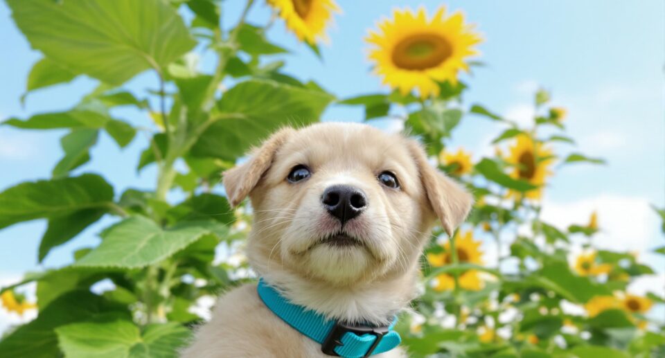 Playful puppy with teal collar in garden, symbolizing growth and vitality, for article on diarrhea in dogs.