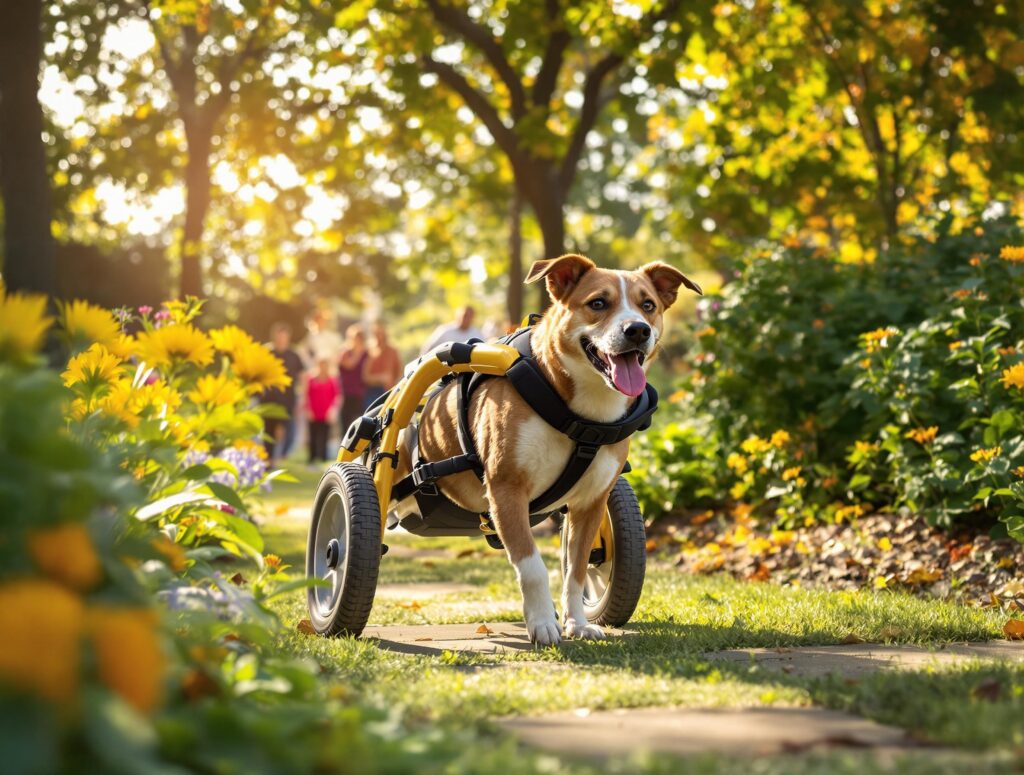 a specially abled dog enjoying an outdoor walk in a park