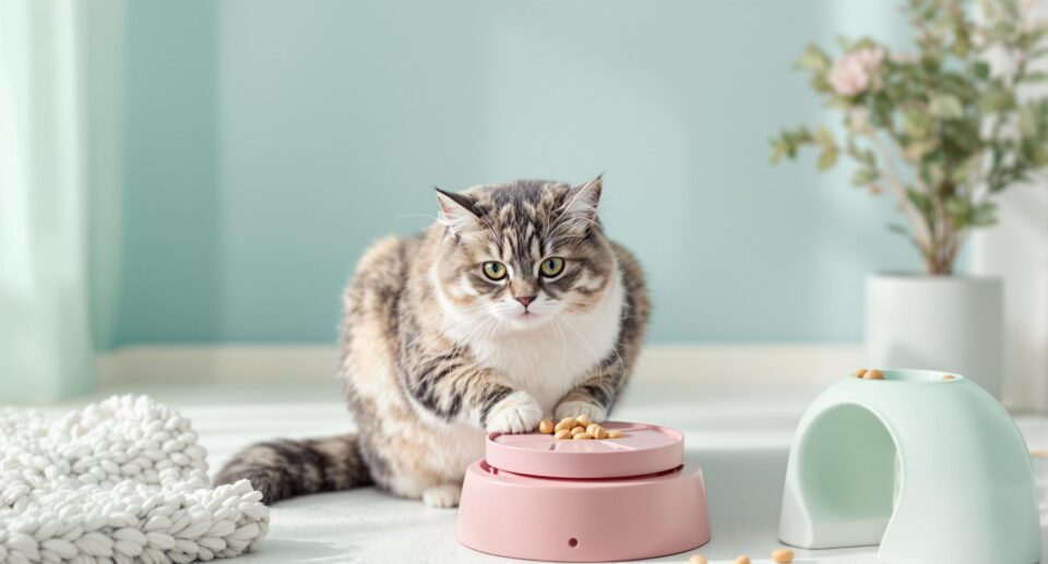 Domestic cat playing with enrichment toys in a minimalist home, highlighting how to discipline a cat through mental stimulation.