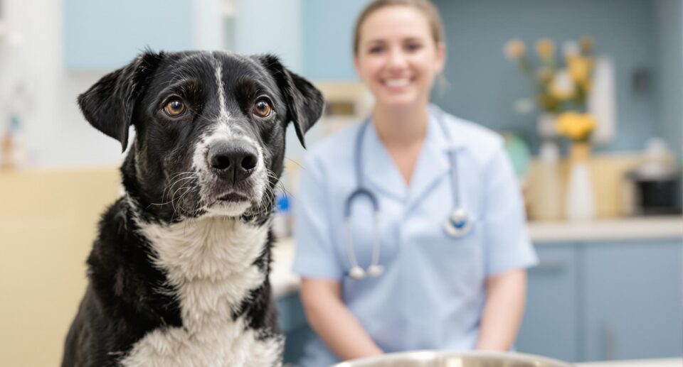A calm black and white rescue dog beside a water bowl with a compassionate veterinarian in a modern clinic, highlighting diuretics for dogs.