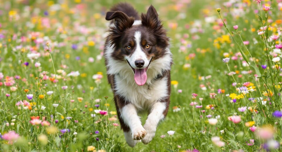 Border Collie shows high-energy behavior as it races through a flower-filled meadow, a common sign that prompts ADHD questions.