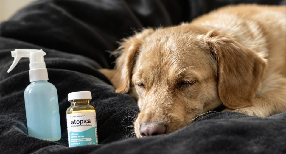 A serene medium-sized dog rests on a black bed with Atopica medication and soothing spray, suggesting allergy relief and pet care.