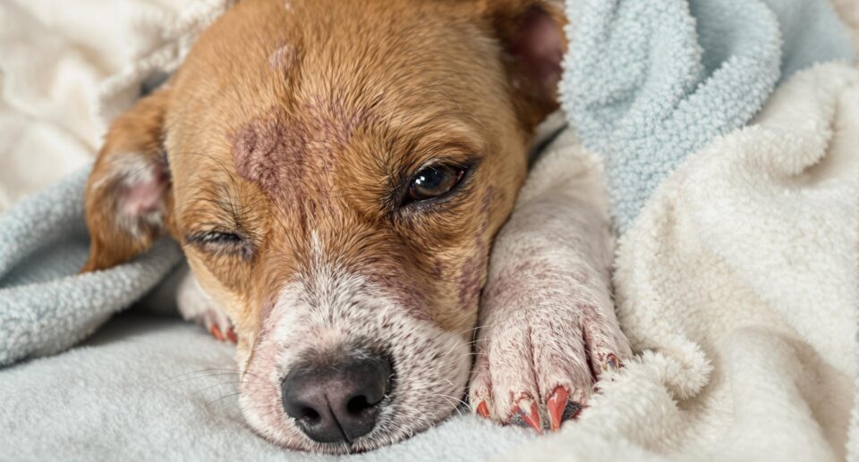 Close-up of a small breed dog with alopecia on a blue blanket, highlighting hair loss and skin condition.