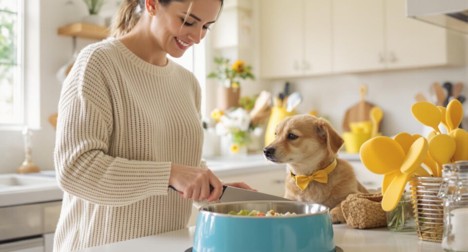 Mid-30s female preparing homemade dog meal in bright kitchen, highlighting pet care products and tips.