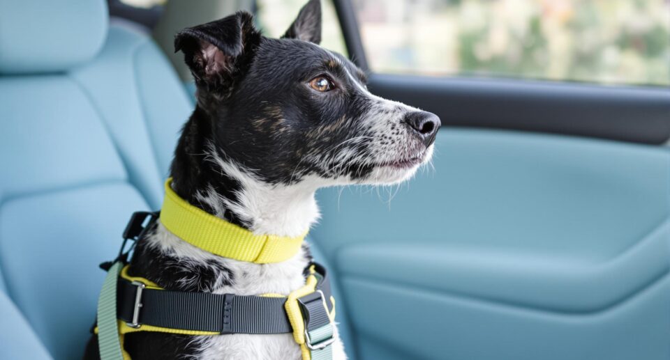 Medium-sized terrier-mix dog in a car, wearing a yellow collar and harness, looking out the window calmly.