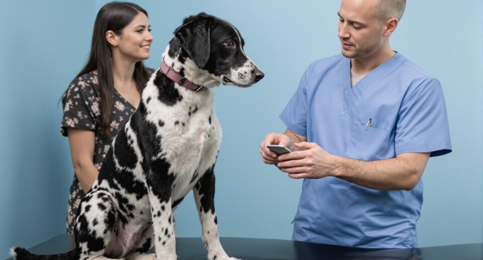 A medium-sized black and white spotted dog sits on a veterinary exam table with a vet and owner, conveying trust and care during a chemotherapy consultation.