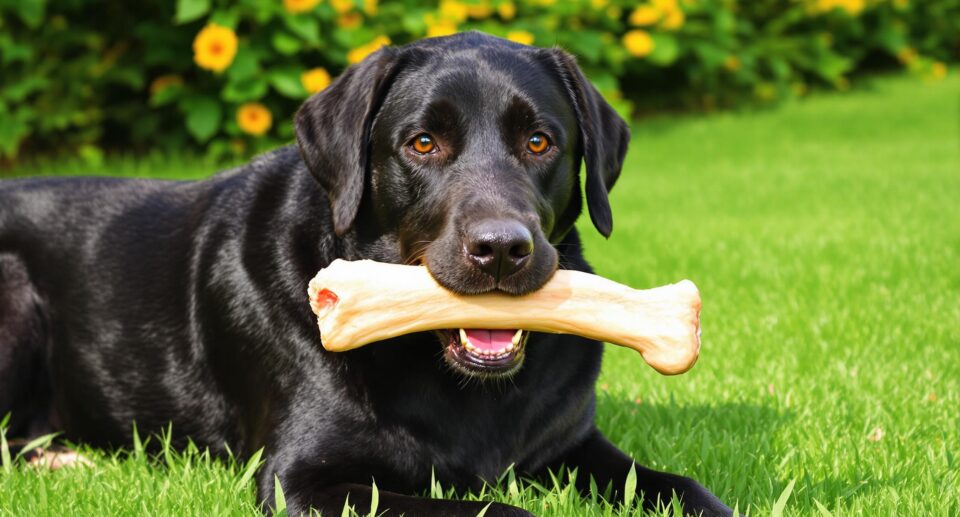 Black Labrador retriever joyfully chewing a raw bone in a lush backyard, showcasing canine health and happiness.