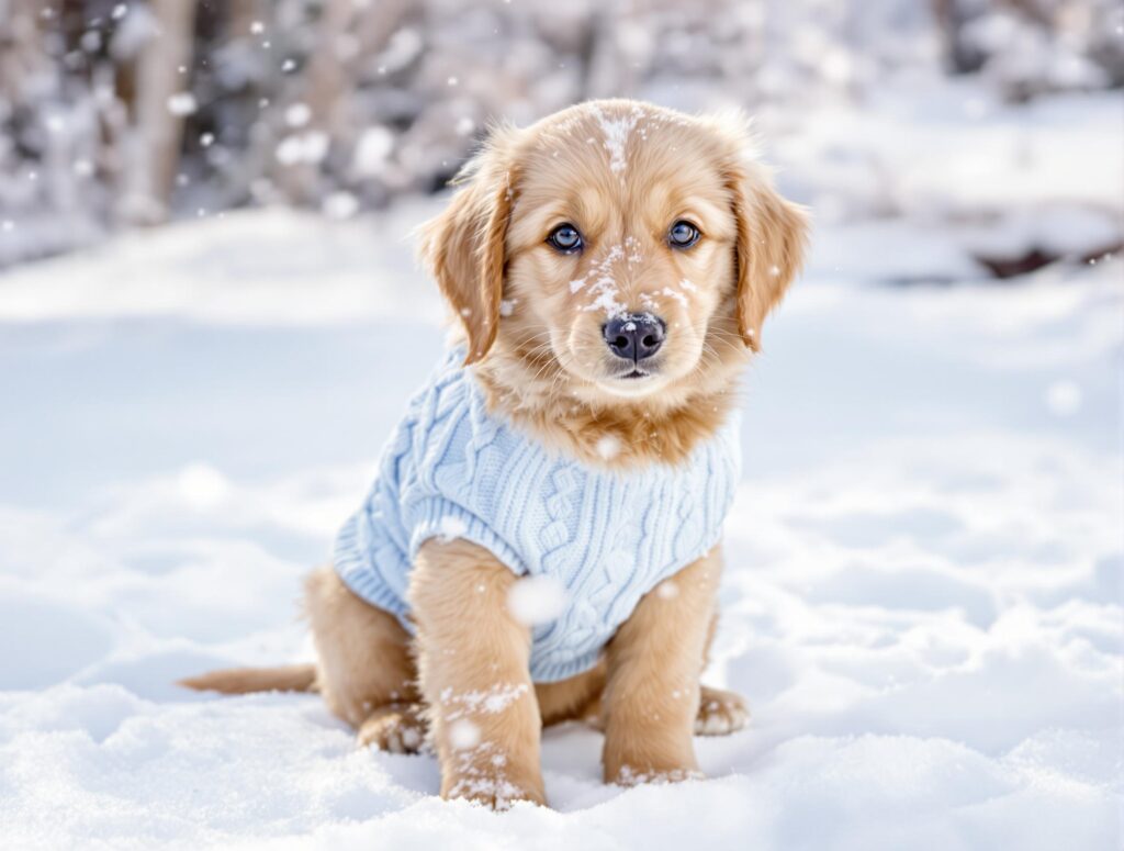 Golden retriever puppy in blue sweater sitting on snow, emphasizing dog cold weather safety.
