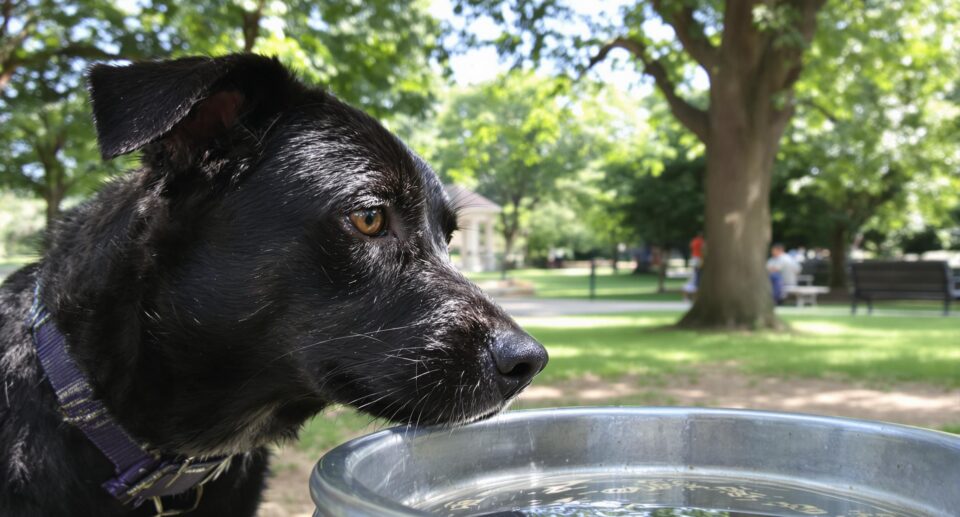 Medium-sized dog cautiously approaches a communal water bowl in a serene dog park.