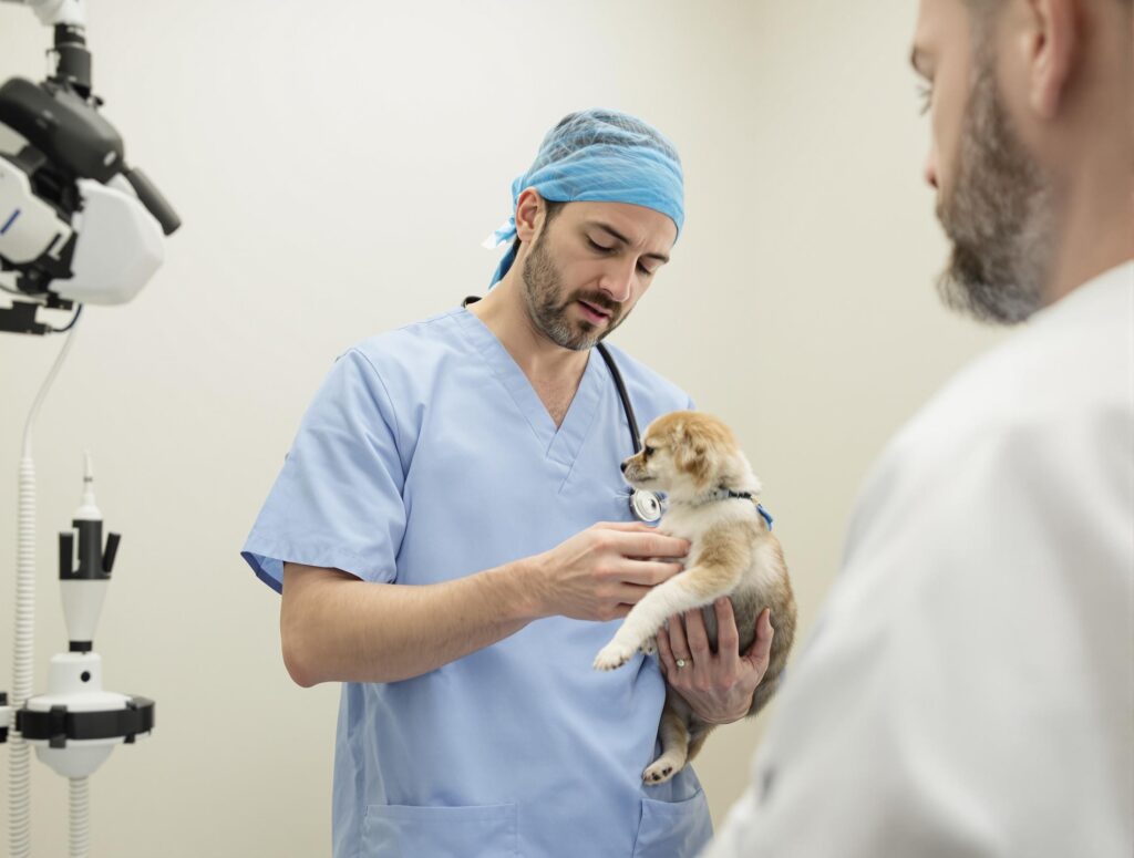 Compassionate veterinarian examines dog for diarrhea treatment options in modern clinic.