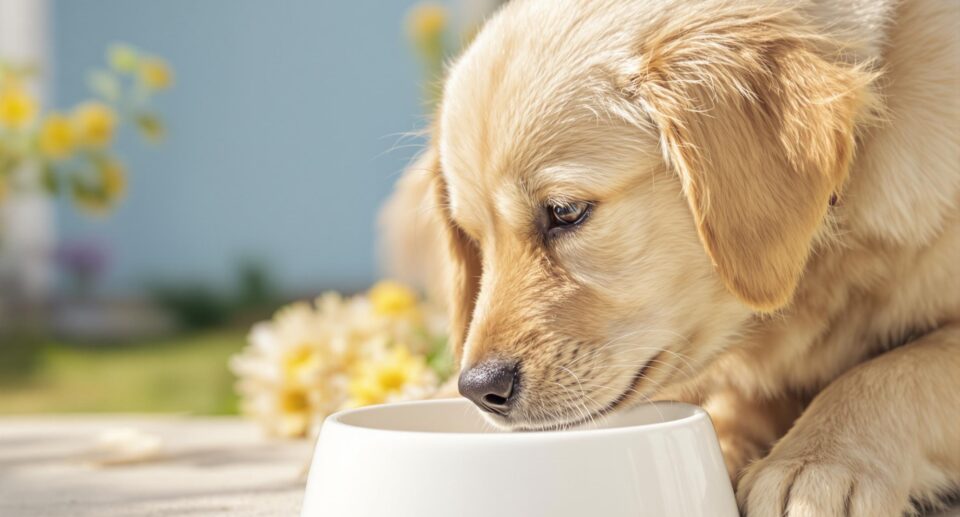 Golden retriever puppy drinking clean water from a ceramic bowl, highlighting safe hydration for dogs.