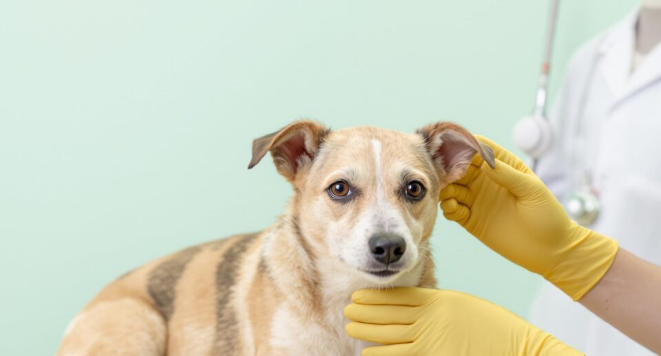 A veterinarian in yellow gloves examines a calm terrier mix's ears for infection on a veterinary table.
