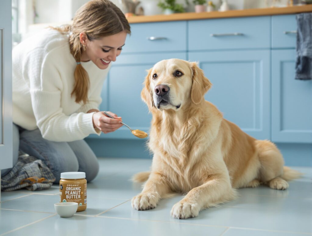 Golden retriever and owner in kitchen sharing organic peanut butter, highlighting if dogs can eat peanuts.