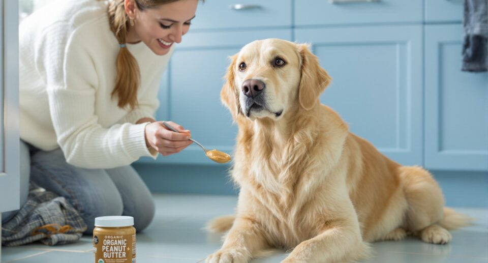 Golden retriever and owner in kitchen sharing organic peanut butter, highlighting if dogs can eat peanuts.
