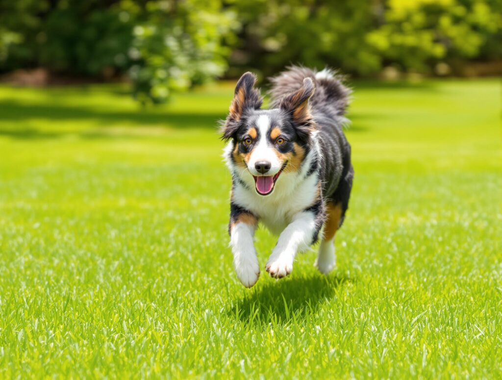 A playful Border Collie running energetically across a vibrant lawn, illustrating a dog's agility and joy.