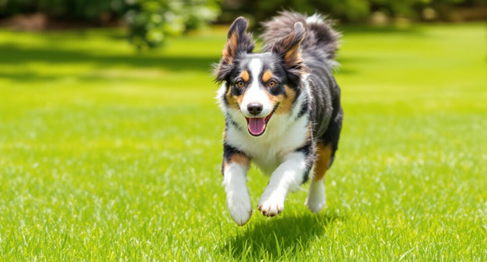 A playful Border Collie running energetically across a vibrant lawn, illustrating a dog's agility and joy.