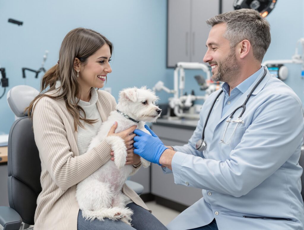 A concerned pet owner cradles a small white terrier during a veterinary consultation about giardia in a modern clinic.