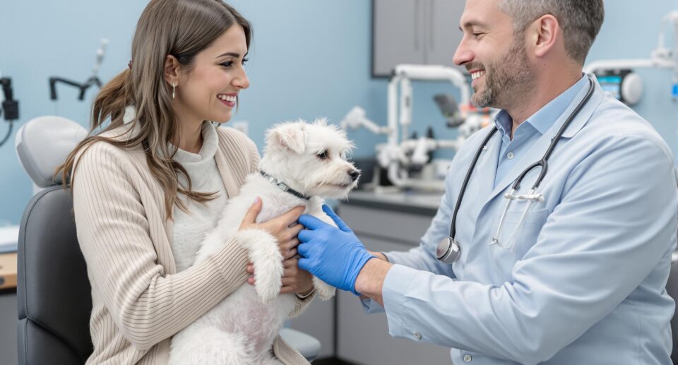 A concerned pet owner cradles a small white terrier during a veterinary consultation about giardia in a modern clinic.