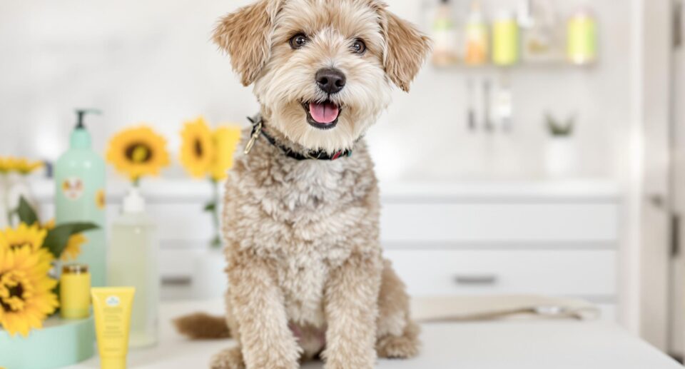 Playful terrier or poodle mix on grooming table with colorful products, highlighting dog hair loss prevention.