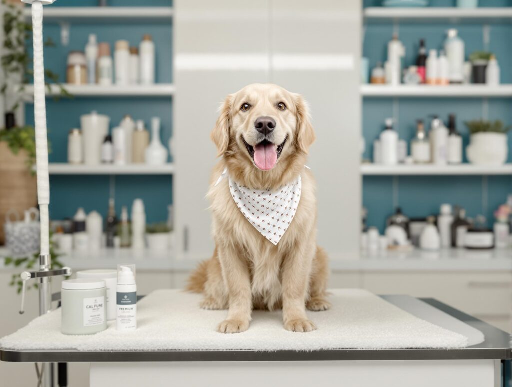 A cheerful golden retriever on a grooming table with pet care products, illustrating common dog health problems and solutions.