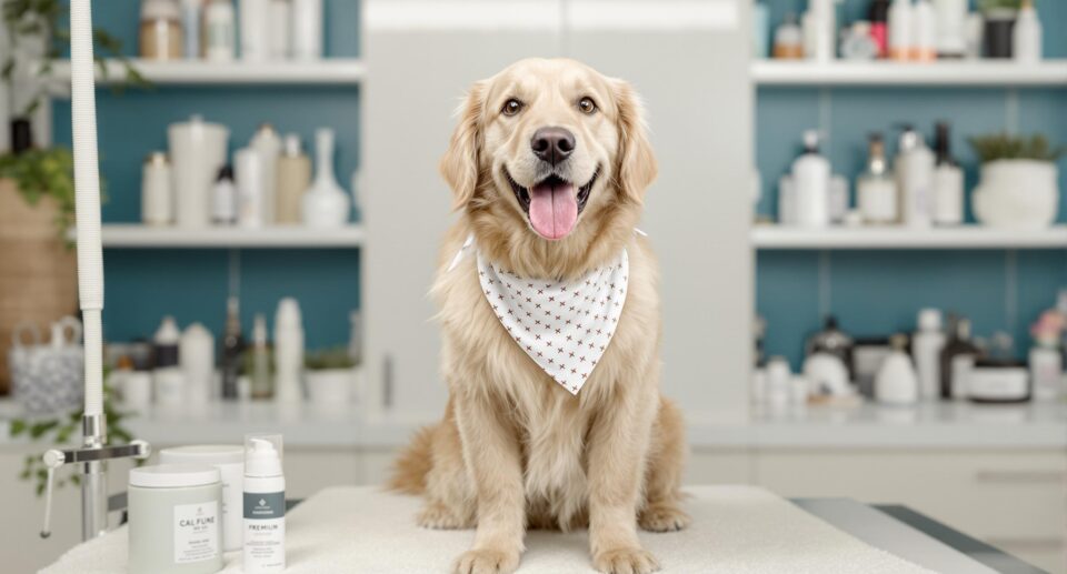 A cheerful golden retriever on a grooming table with pet care products, illustrating common dog health problems and solutions.