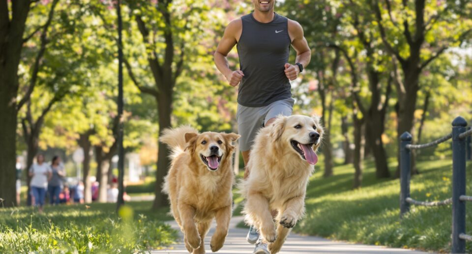 Athletic owner jogging with joyful golden retriever in park, highlighting dog's hearing health and vibrant bond.