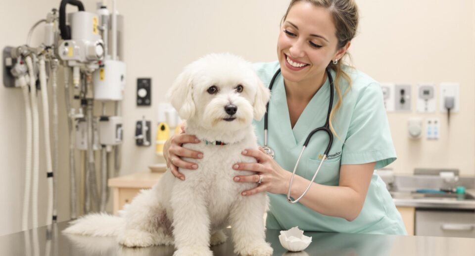 A fluffy white terrier sits on a vet exam table for annual heartworm testing at a veterinary clinic.