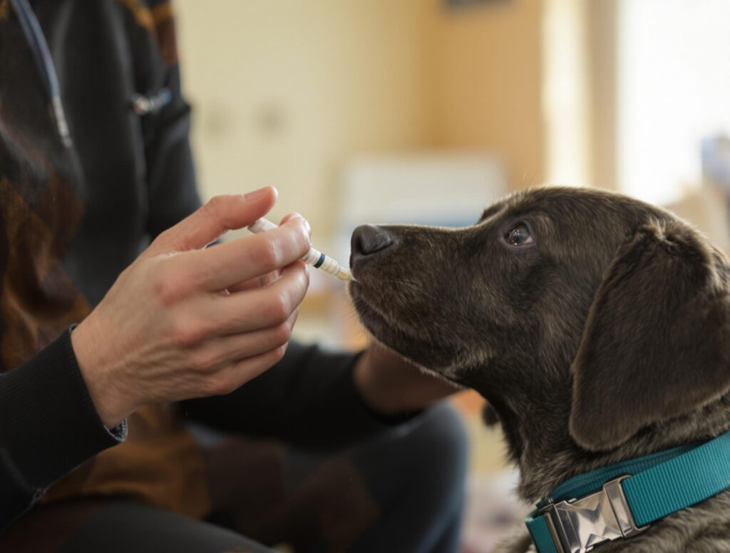A dog owner in black clothing preparing an insulin injection for their dark-coated dog, emphasizing a tender, supportive interaction.