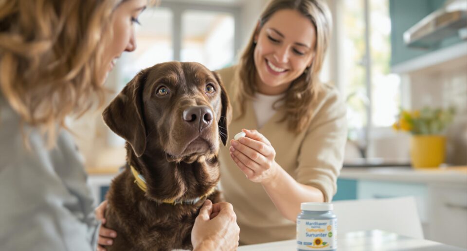 Dog owner giving glucosamine chondroitin MSM supplement to attentive chocolate Labrador in a bright kitchen.
