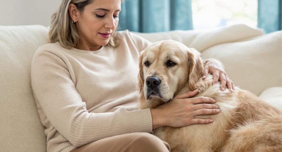 Mid-30s dog owner comforting a weary medium-sized dog, showcasing symptoms of kidney disease, highlighting their emotional connection.