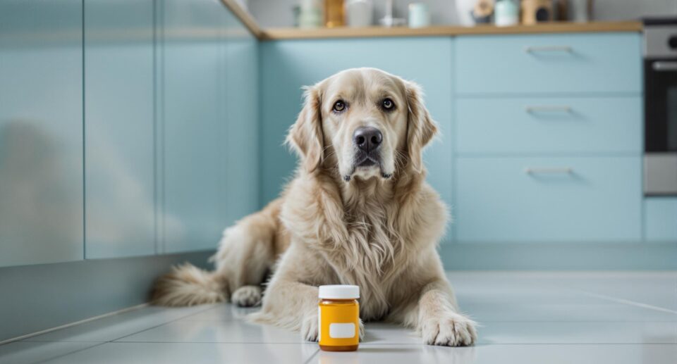 Golden Retriever lies on modern kitchen floor beside orange prescription medication bottle, against backdrop of light blue cabinets and wooden countertop