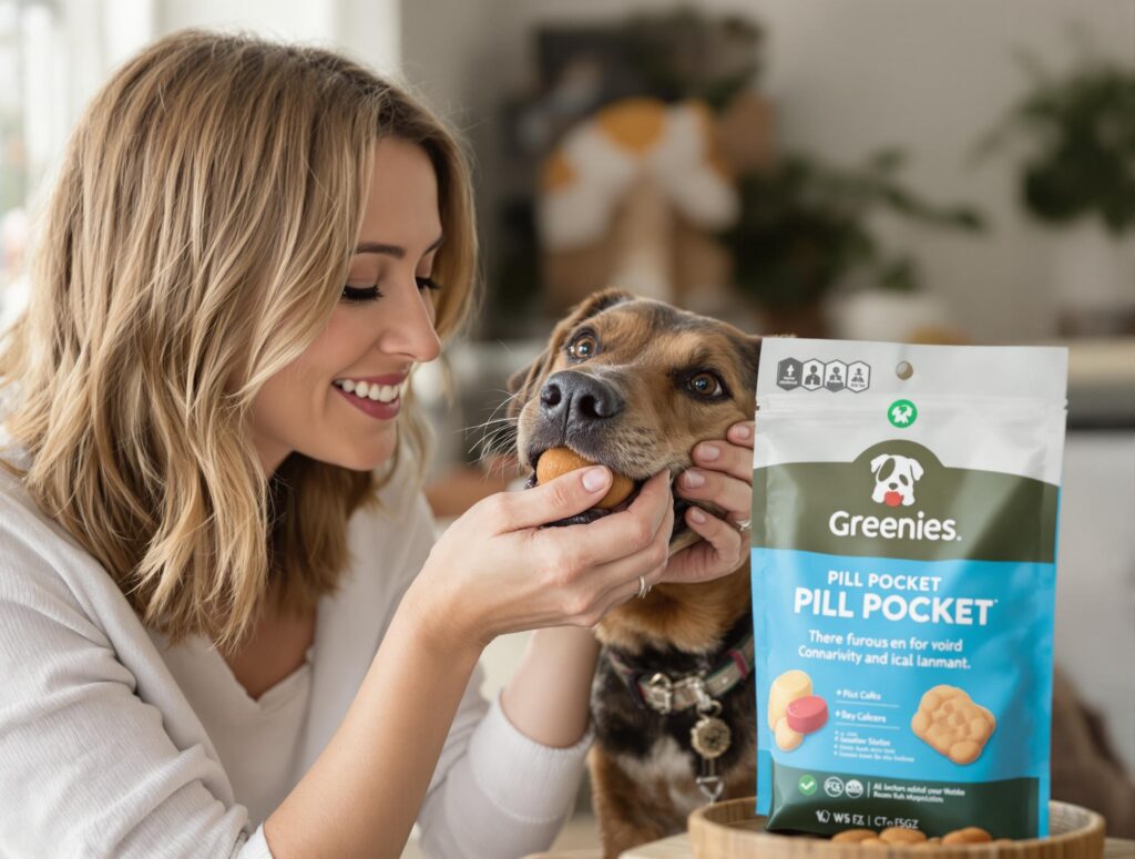 A woman gently giving medication to her calm dog in a bright home setting.