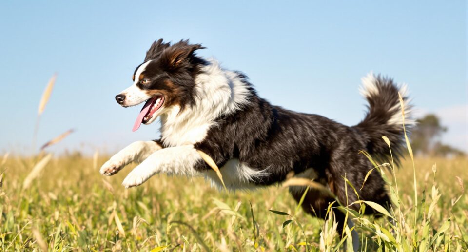 A vibrant Border Collie leaping through a sunlit meadow, illustrating the benefits of multivitamins for dogs.